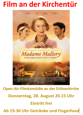 Banner Film an der Kirchentür "Madame Mallory und der Duft von Curry" mit anschl. Debatte