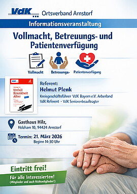 Banner VdK OV Arnstorf - Infoveranstaltung - "Patientenverfügung ..."